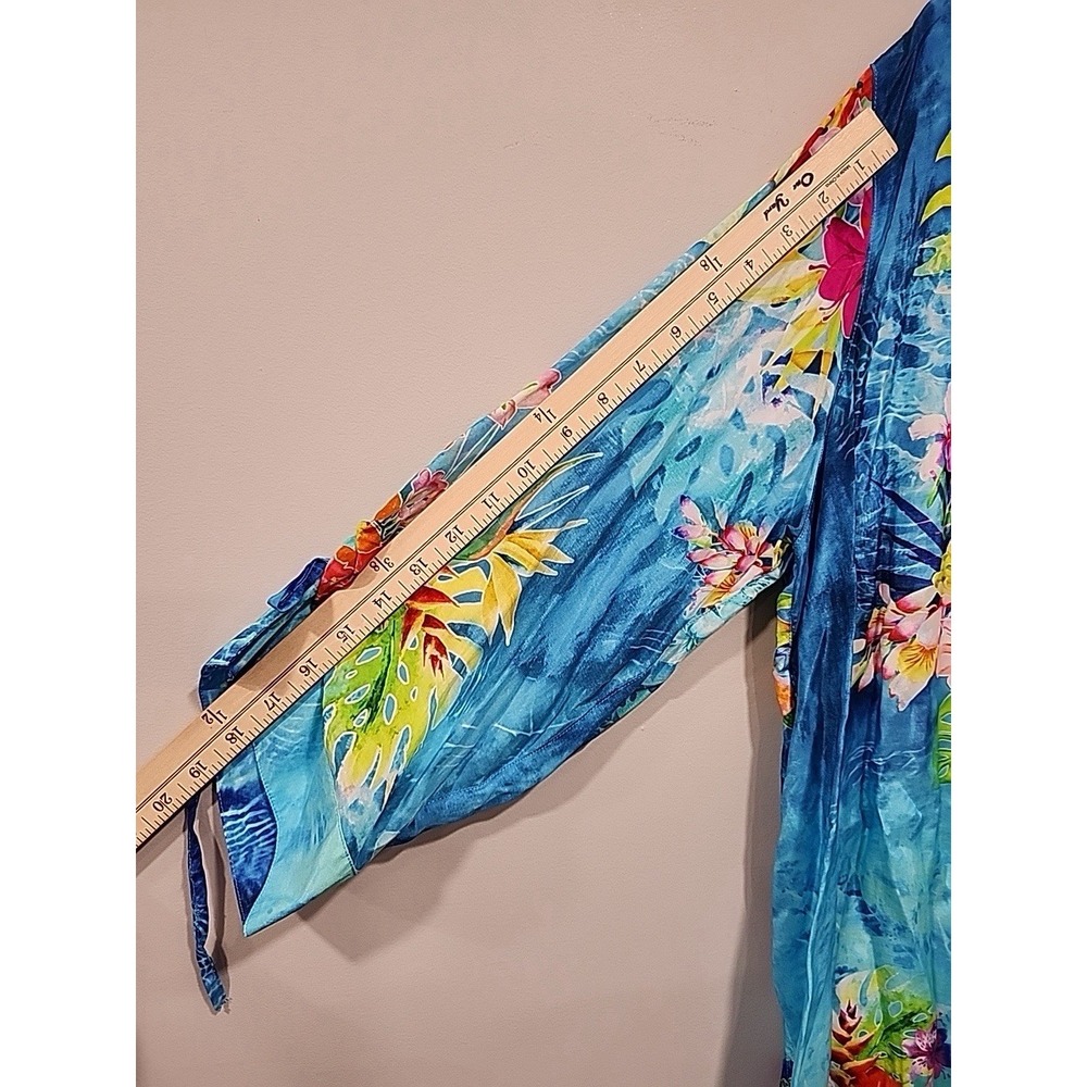 John Mark NWT Woman's 2xl Blue Tropical Button Up Collar Cinch Sleeve Tunic Top - Picture 8 of 9